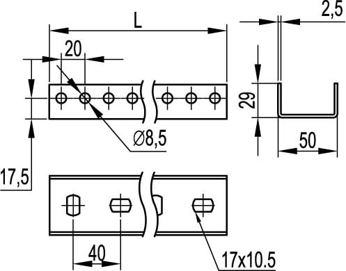 П-образный профиль PSM, L1000, толщ.2,5 мм, горячеоцинкованный DKC BPM2910HDZ П-образный профиль PSM, L1000, толщ.2,5 мм, горячеоцинкованный DKC BPM2910HDZ