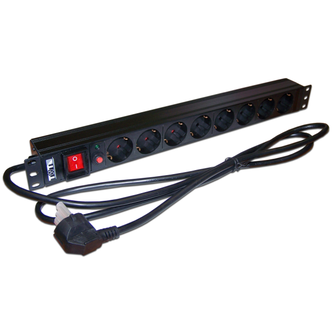 Блок розеток 19", 1-фазный с выключателем, 16A / 250V, 8xSchuko, шнур 3.0 м, вилка Schuko, TWT-PDU19-16A8P-3.0