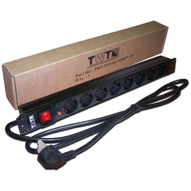 Блок розеток 19", 1-фазный с выключателем, 16A / 250V, 8xSchuko, шнур 3.0 м, вилка Schuko, TWT-PDU19-16A8P-3.0
