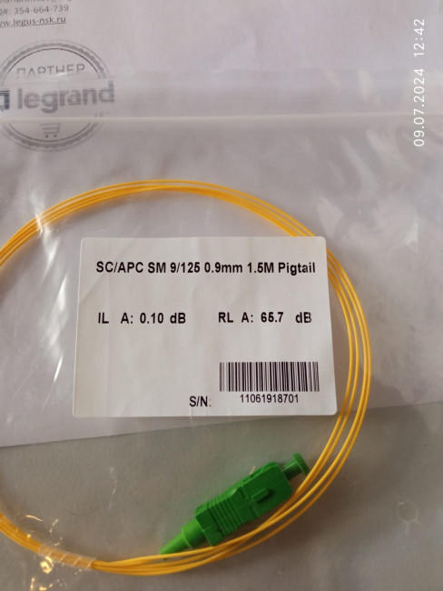 SC/APC SM 9/125 0,9mm 1,5m  / Пигтейл Тип волокна: OS2 9/125 мкм, Коннектор SC/APC, Буфер: легкоснимаемый, 1.5 m (Pigtail)