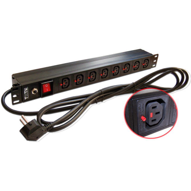 Блок розеток 19" 8 шт. C13 с фиксатором вилки, 10A 250V, шнур питания 3.0 м, TWT-PDU-10A8C3L-3.0