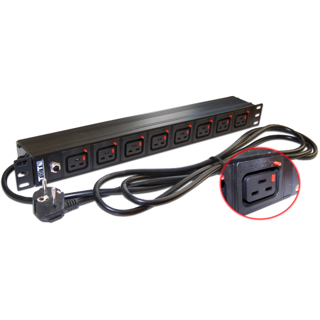 Блок розеток 19" 8 шт. C19 с фиксатором вилки, 16A 250V, шнур питания 3.0 м, TWT-PDU-16A8C9L-3.0