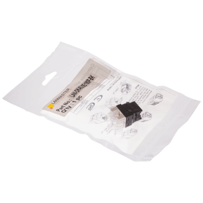 Модуль Keystone, RJ45, кат.5E, UTP, 180 градусов, со встроенной шторкой, черный, Lanmaster LAN-OK45U5E/180P-BK Модуль Keystone, RJ45, кат.5E, UTP, 180 градусов, со встроенной шторкой, черный, Lanmaster LAN-OK45U5E/180P-BK