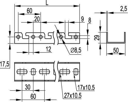 Профиль BPF, для консолей быстрой фиксации BBF, L600, толщ.2,5 мм, горячеоцинкованный DKC BPF2906HDZ